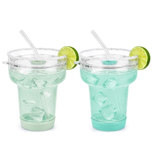 16 oz Margarita Glass with Lid and Straws, Spill Proof Cocktail Cup Pale Green/Mint Green 16 Ounces