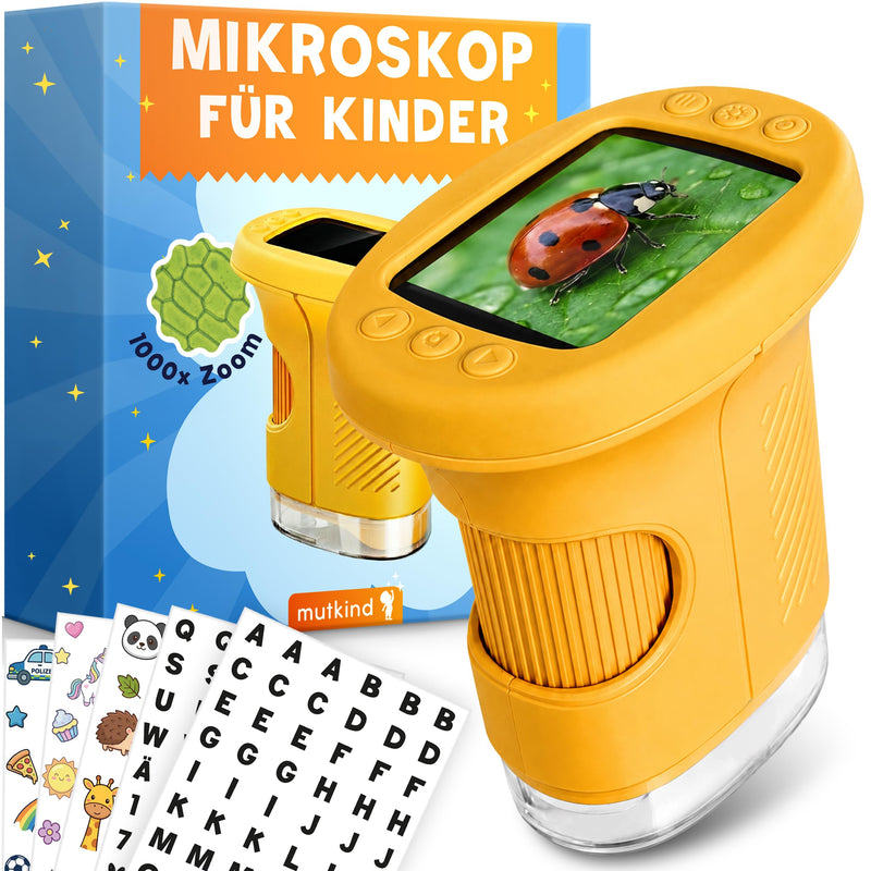Mutkind® Digital Microscope for Children [1000X Magnification & Photo Function] - Portable Pocket Microscope for Garden, Forest & Experiments - Children's Microscope Toy [HD Screen & 150+ Stickers] yellow