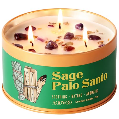 AOOVOO Sage & Palo Santo Candle for Cleansing - 12oz Crystal Scented Candle Sage&Palo Santo