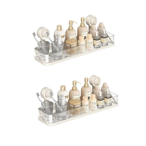 White 2-pack suction cup shower caddies for bathroom organization, featuring durable shelves for shower essentials.