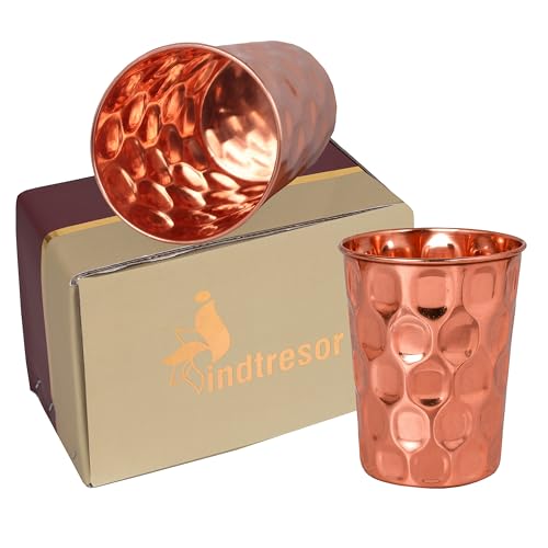 100% Pure Copper Glasses, Set of 2, 9 oz each, Hammered Glass - Mirror Pattern (Pack of 2) 9 Ounces