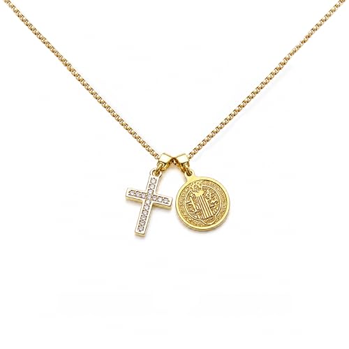Gold Cross Necklace for Women, 14K Gold Plated Double Pendant Necklace with Cubic Zirconia Cross, Dainty Box Chain Religious Jewelry Gift, Adjustable 18"+2" B