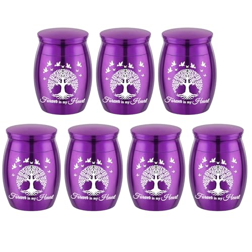 Small Keepsake Urn for Human Ashes Tree of Life Cremation Urns Mini Set of 7 Urns Perfect Stainless Steel Memorial Ashes Holder Small Funeral Ash Urn-Forever in My Heart (7Pcs-Purple) 7pcs-purple