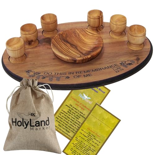 Holy Land Market Olive Wood Communion Set, Round Bowl + 6 Goblets + Tray Round Bowl + 6 Small Goblets + Tray