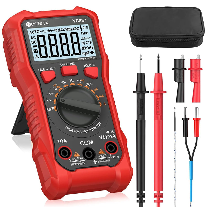 Neoteck 6000 Counts True RMS Digital Multimeter,Auto Range Multimeter with NCV,AC/DC Voltage Current Resistance Capacitance Frequency Temperature Duty Cycle Voltmeter for Home Automotive Electrician Red 6000Counts(AC/DC 600V)