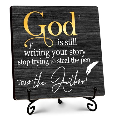 Black Christian Desk Decor, God is Still Writing Your Story Sign, Bible Verse Small Decor for Shelves, Inspirational Christian Gift for Woman Men, Religious Table Decorations-5''x5'' black gold