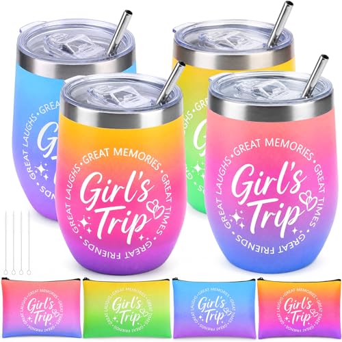 4 Pack Girls Trip Wine Tumbler with Lid, 12 OZ Stainless Steel Tumbler