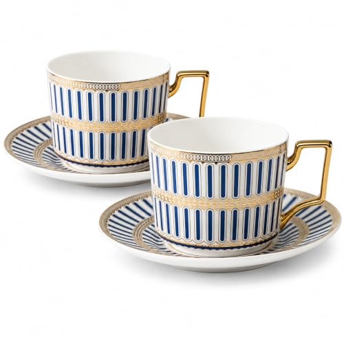 8.45oz European Ceramic Coffee Cup & Saucer Set of 2 with Handle & Gold Spoons, Stripe with Gold Accents, for Latte, Tea, Cappuccino, Gift Boxed for Tea Party, Housewarming Gift (two blue) two blue
