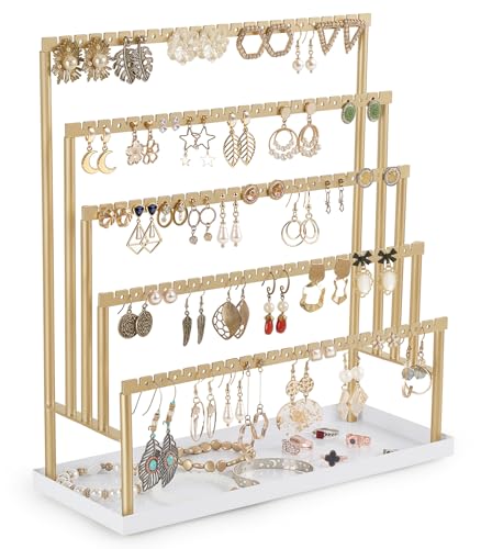 Mkono 5-tier gold jewelry display stand with tray for organizing earrings and jewelry, ideal for showcasing accessories.