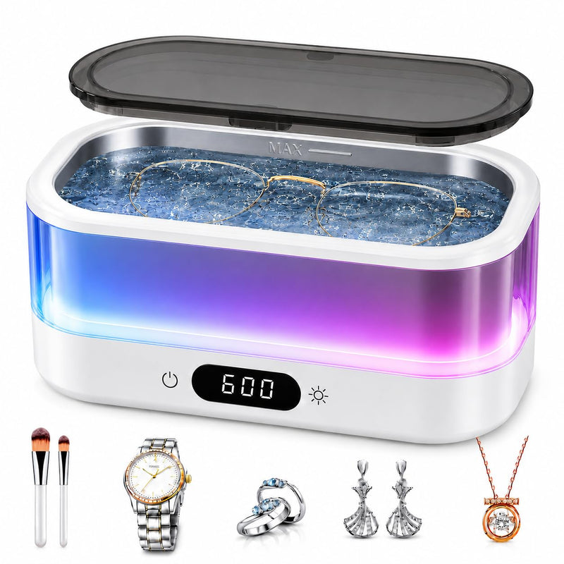 Ultrasonic Jewelry Cleaner Machine, 48kHz Cleaner for Jewelry, Glasses, Rings, Watch Bands, Dentures and Retainers, 350ML SUS304 Tank, Digital Countdown, Auto Shut-Off, 7-Color LED Light White