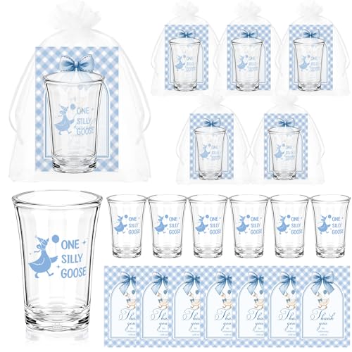 Vesici 50 Sets Silly Goose Party Favors for Guests Include Baby Shower Shot Glass and Card Organza Bag for Birthday Baby Shower Goose Party Supplies (Blue) Blue