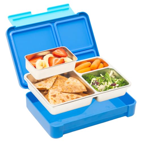 Stainless Steel Bento Lunch box Leakproof for kids boys girls, Food-Grade Silicone Seal, Deep Compartments, Removable 304 Stainless Steel Tray and Insert, Dishwasher Safe, 950ml Blue
