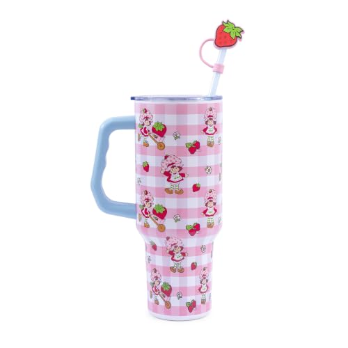 Silver Buffalo Strawberry Shortcake Pink Pattern Stainless Steel Travel Tumbler With Handle, Lid, and Reusable Straw | Holds 40 Ounces