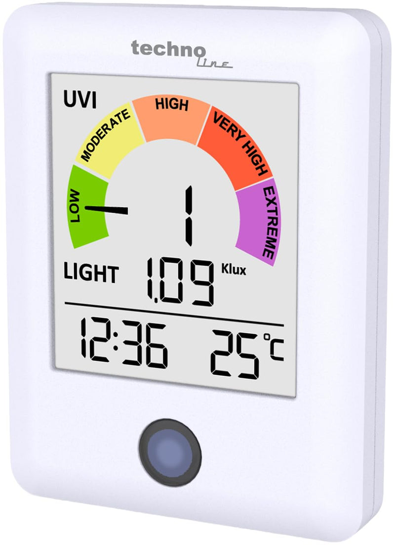 technoline WS9320 UV Radiation Monitor with UV Index and Light Meter, Real Time UV Measurement Every 60 Seconds, Indoor Temperature and Time, UV Warner with Color Scale, Light Intensity Meter up to