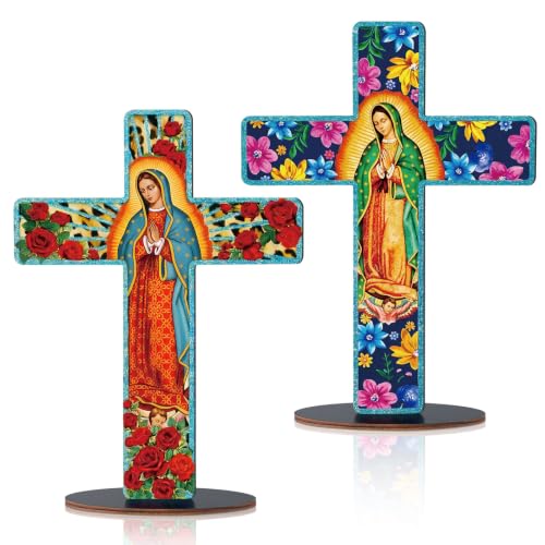 Yuntau 2 Pcs Floral Cross Table Decor Wooden Our Lady of Guadalupe Tabletop