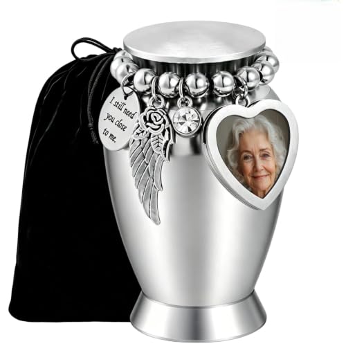 Small Urns for Human Ashes, Metal Cremation Urns for Both Humans and Pets with Velvet Bag and Spoon, Heart-Shaped Photo Frame, Suitable for Funeral, Burial, and Memorial Ceremonies