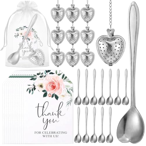 25 Set Bridal Shower Wedding Favors Gifts for Guests Tea Spoon Heart Shape Infuser Ball with Thank You Cards for Tea Party Favors Wedding Souvenirs(Silver) Silver