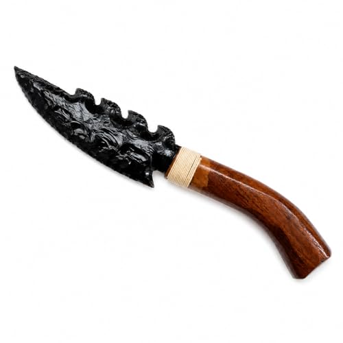 10" Handcrafted Black Obsidian Knife – Hand-Knapped Stone Blade with Carved Wooden Handle – Decorative Athame for Rituals, Altar Decor & Metaphysical Healing