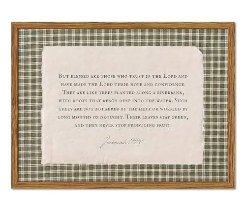 Framed Christian Scripture Wall Art, Blessed Are Those Who Trust In The Lord Quotes Pictures Wall Decor, Green Gingham Religious Bible Verse Paintings Canvas Prints for Living Room 12x16 inch Green Gingham Bible Framed 16"L x 12"W