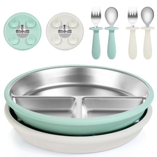 Bella's Friends Life Baby Feeding Set, 2 Pack Stainless Steel Divided Plate with Silicone Suction, 2 Set Spoons and Forks, BPA Free, Dishwasher Safe, Baby Led Weaning Supplies, Toddler Utensils beige, green 8 Inch