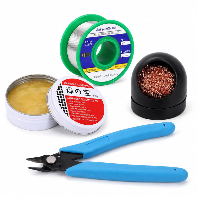 Soldering Wire, Flux Soldering, Soldering Tip Cleaner and Micro Side Cutter, 4-Piece Soldering Accessories Set with Lead-Free Solder Wire for Electronics Repair, DIY Work and DIY