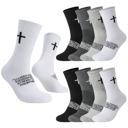 Christian Cross Socks for Men US 8-13, 4 Pairs Jesus Prayer Sock White, Black, Gray, Dark Gray