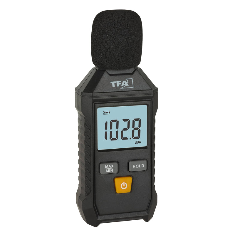 TFA Dostmann Sound Meter Digital Calibration 31.2002, 35 to 130 dBA, with Frequency Rating, Backlight, Includes Wind Protection, Storage Bag, Max. Min Function, Black