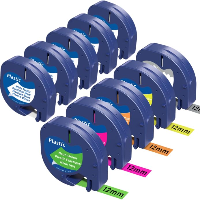 5 x Fluorescent Plastic + 5 x White Plastic LT Tape Compatible with DYMO LetraTag Plus LT-100T LT-100H QX50 Label Maker, 1/2 Inch x 13 Feet