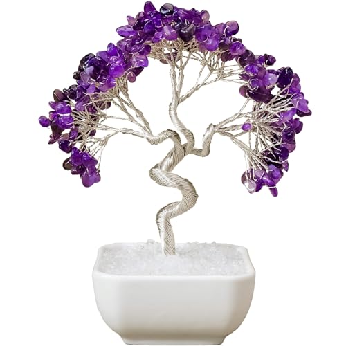 Runyangshi Chakra Tree of Life,Chakra Crystal Money Tree Lucky Bamboo Feng Shui Home Decor Gift (Amethyst) Purple