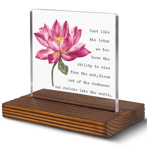 Lotus Flower Inspirational Desk Sign for Women Men, Motivational Acrylic Office Decor with Positive Healing Quote, Encouragement Gift for Coworker Friend Therapist Teacher, Spiritual Desk Plaque EC432