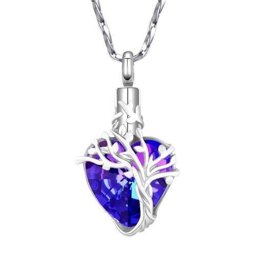 Tree Of Life Heart Urn Necklace For Ashes Cremation Jewelry For Loved Ones Silver-Blue