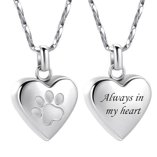 Paw Print Heart Urn Necklace For Ashes Cremation Jewelry For Pet Lovers Silver-Always In My Heart