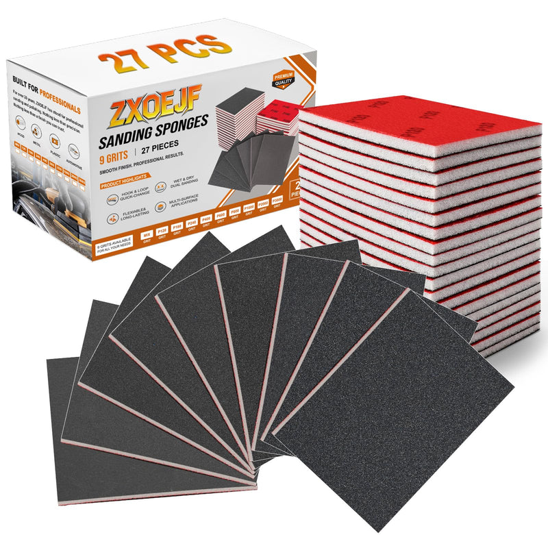 Sanding Sponge Set, 120-3000 Grit Wet & Dry Sandpaper, Pack of 27 | 70 x 100 mm silicon carbide sanding sponges, washable and reusable, flexible sanding block for wood, metal, car, furniture Mix Grit