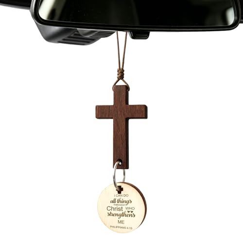 I Can Do All Things Through Christ Car Cross Hanging Accessories Bible Verse Rearview Mirror Decoration Christmas Christian Religious Gifts for Men Women New Driver Christian Car Accessories I can do all things through christ