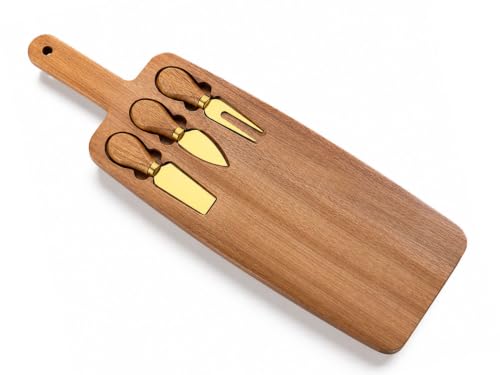 Acacia Cheese Board Set with Gold Cheese Knives & Magnetic Tool Storage