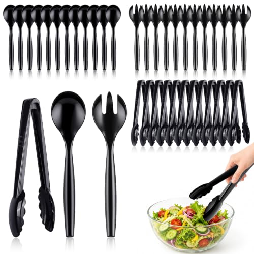 Mwellewm 36Pc Plastic Serving Utensils Set Disposable Tong Spoon for Buffet Black 36Pcs-Style 1