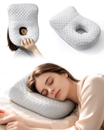 Gray KUAZIDAR ear pillow with hole, side sleeper pillow designed to reduce ear pain and enhance comfort during sleep.