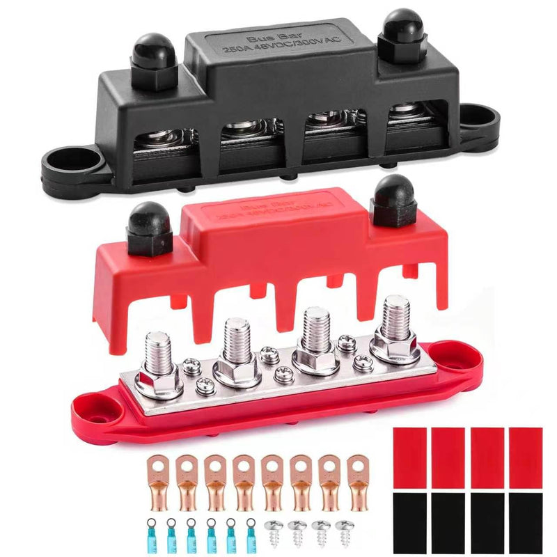 250A Busbar M8, Busbar 12V-48V DC with Cover, Includes Cable Lugs, Heat Shrink Tubing and Screw Terminals for Motorhome, Boat, Yacht, Car and Marine M8-Bausatz