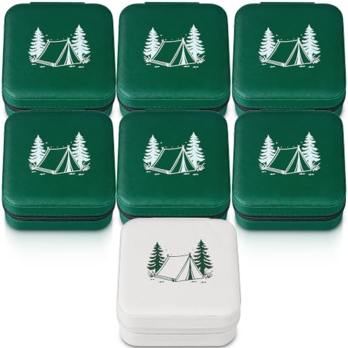 Nosiny 7 Pcs Mini Jewelry Organizer Case, Portable Small Travel Jewelry Box Featuring Forest and Tent for Storing Rings, Earrings, and Necklaces for Camping Wedding Bridal Shower(White, Deep Green)