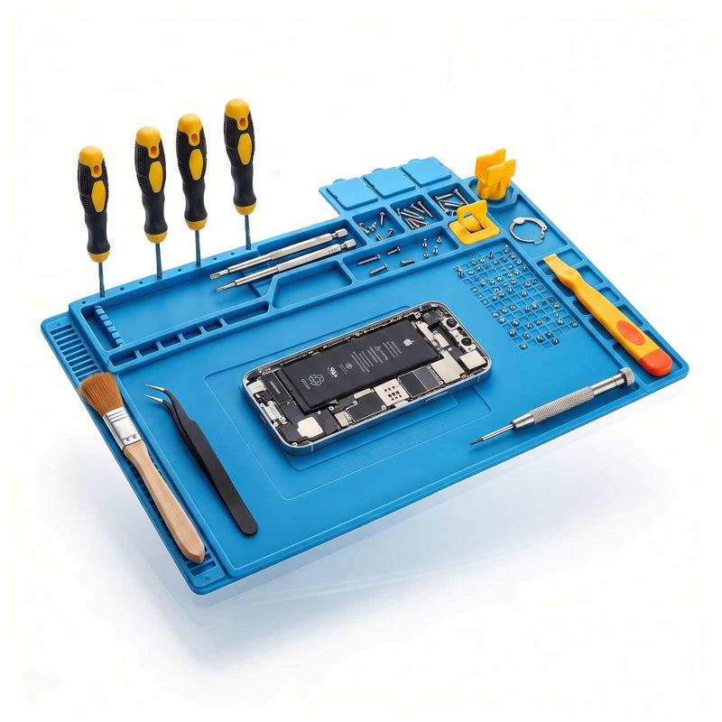 Silicone soldering mat 45 x 30 cm for electronics repair and soldering | 500°C heat-resistant antistatic silicone soldering mat with magnet & compartments for mobile phone, laptop, tablet repair, DIY model making
