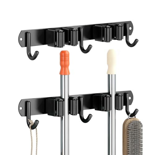 Pack of 2 Broom Holder Wall Self-Adhesive Stainless Steel (Black) - For Mop, Scrubber & Hand Brush - Adhesive or Screw Attachment - 2 Clips + 3 Hooks - Storage for Home, Garage 2 clips, 3 hooks (2 pieces) Black