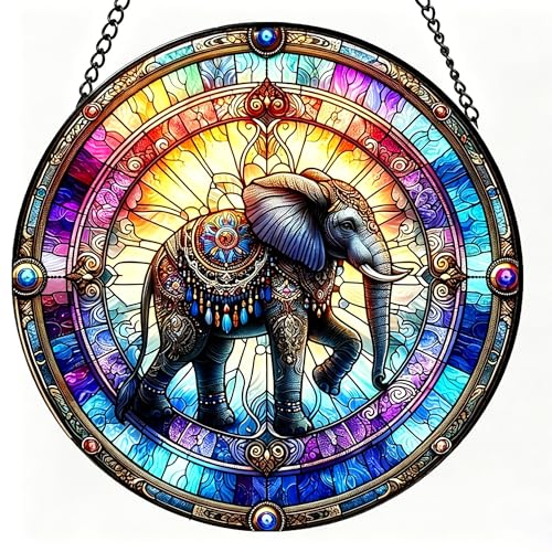 Stained Glass Indian Elephant Suncatcher Window Hanging, 7.87 in 7.8x7.8 IN