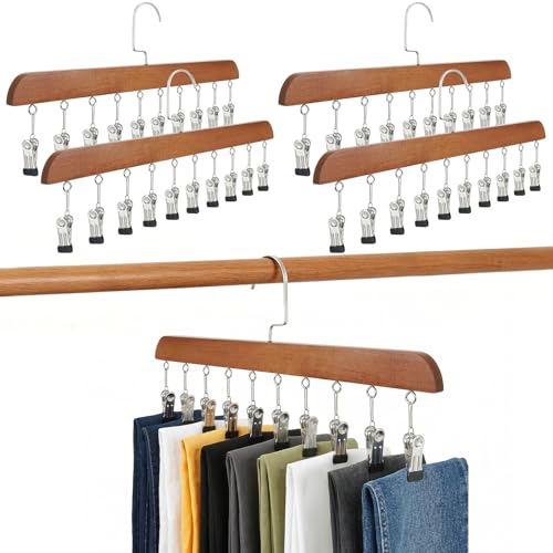 4-Pack Pants Hangers with Clips – 10 Clips Each, Space Saving Closet Organizer Hanger for Leggings, Jeans, Hats, Shorts, Belts, Scarves – Closet Organizer (4, Brown) 4