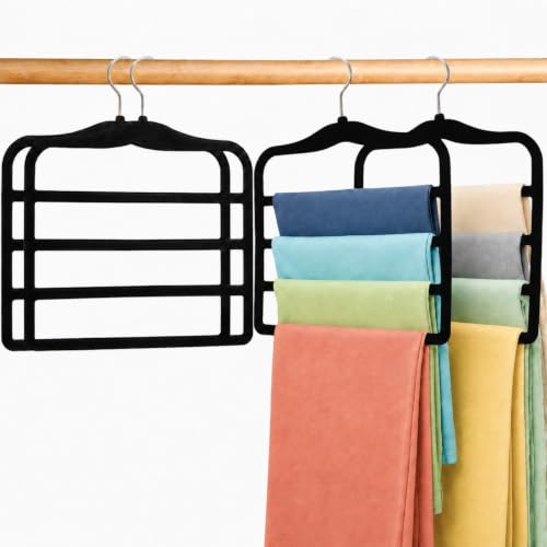 4 Pack Space Saving Velvet Pants Hangers, Dorm Room Essentials, Non-Slip Multi-Tier Closet Organizer for Jeans & Slacks, Maximize Wardrobe Storage with Multi-Purpose Rack for Shorts, Scarves & Ties Black 4 Pack