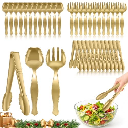 Mwellewm 36Pc Gold Plastic Serving Utensils Set,Disposable Spoons Tong Fork Gold Style 2 36 Pcs