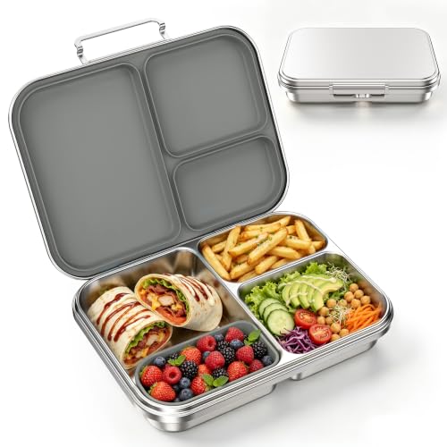 Stainless Steel Bento Lunch Box for Kids and Adults,3 Compartment Meal Lunch Box with Detachable Silicone Lid,Leak-Resistant Food Container with Snack Cup for School,BPA-Free(Grey) Gray