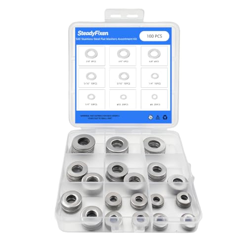 SteadyFixen 304 stainless steel flat washers kit in assorted #8, #10, 1/4, 5/16, and 3/8-inch sizes
