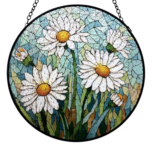 White Daisy Farmhouse Stained Glass Suncatcher Window Hanging Color02