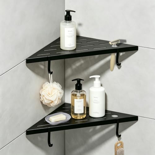 Corner Shower Shelves, 10" Matte Black 304 Stainless Steel Recessed Shelf for Bathroom，With silicone soap dish and razor holder，Grout in Shelf with Hooks for Tiled Wall 2 Pack (Black)