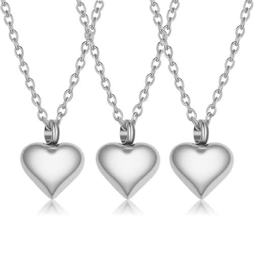 3 Pack Tiny Heart Urn Necklaces for Ashes for Women Men Cremation Jewelry Small Heart Urn for Human Ashes Holder Memorial Keepsake Pendant 3pcs-Silvery